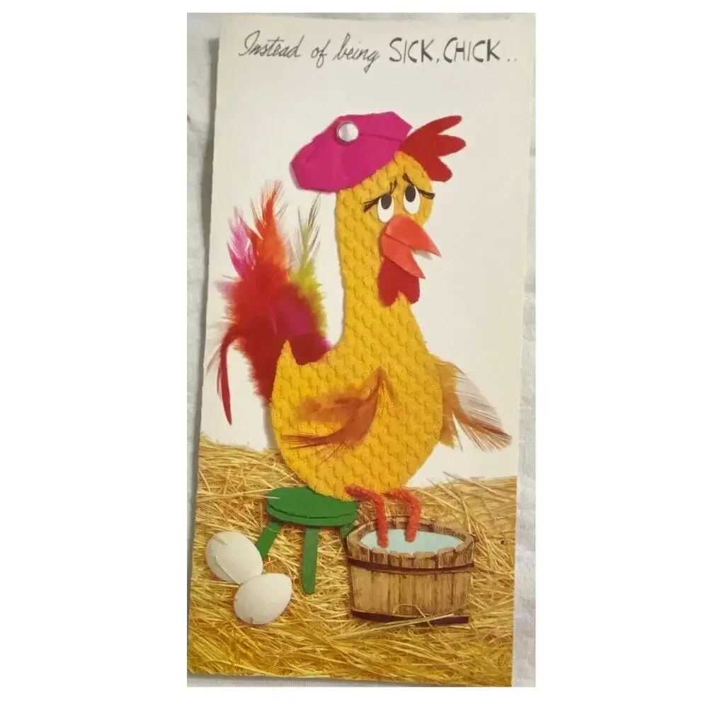 Vtg MCM Get Well Card Unused USA 1960s Chicken Retro Humor Sunshine Studio